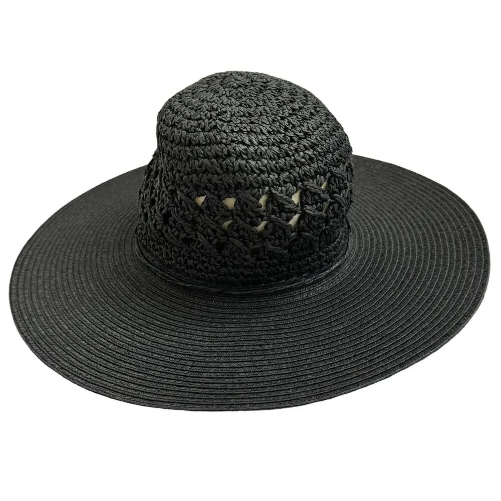 JONES NEW YORK Black Paper Straw Hat One Size Crochet Boho Wide Brim